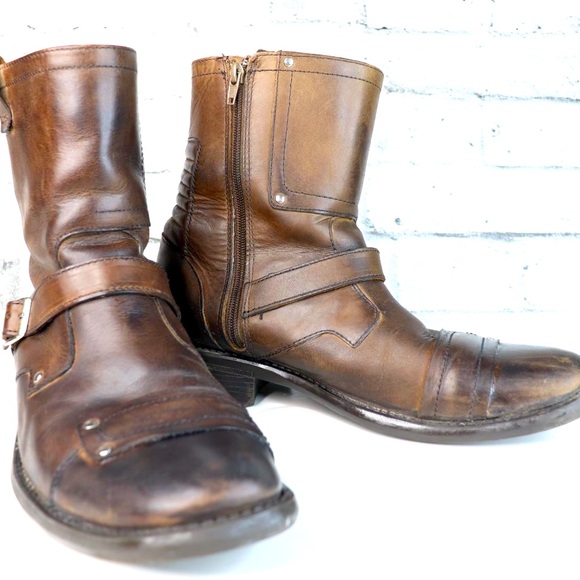 Steve Madden Men’s Harland Harness Size 10 Brown Leather Buckle Zip Up Biker - Picture 2 of 8